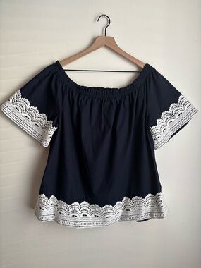 Crown & Ivy Off Shoulder Crochet Lace Trim Top Size XL Navy Cotton Boho Blouse